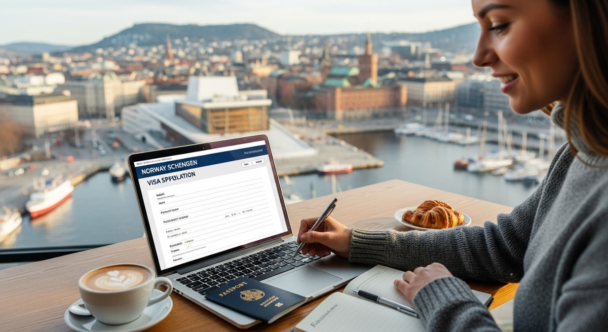 Traveler completing Norway Schengen visa application on laptop with Oslo city view in background