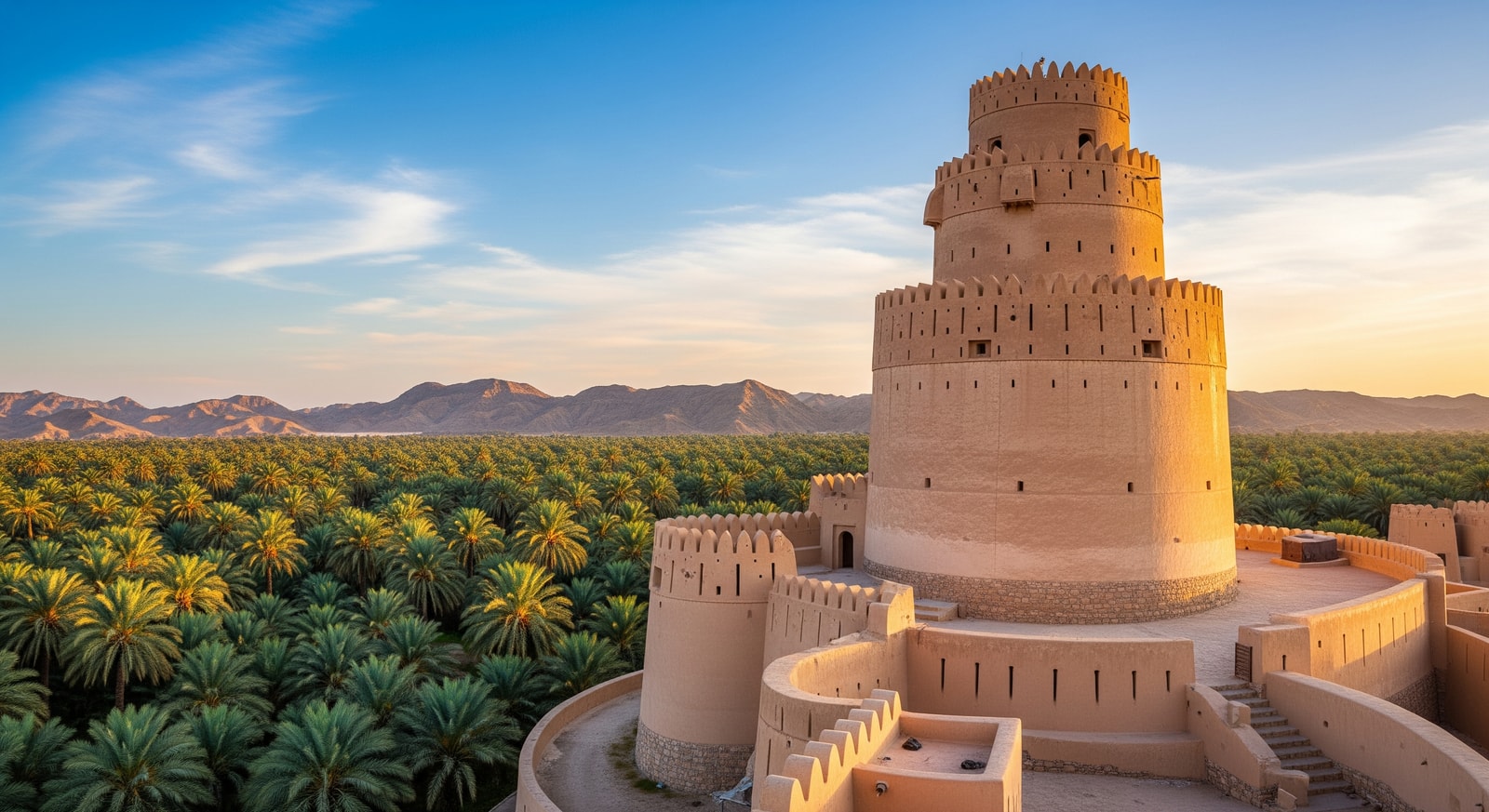 Historic Nizwa Fort with its massive circular tower and surrounding date palm oasis