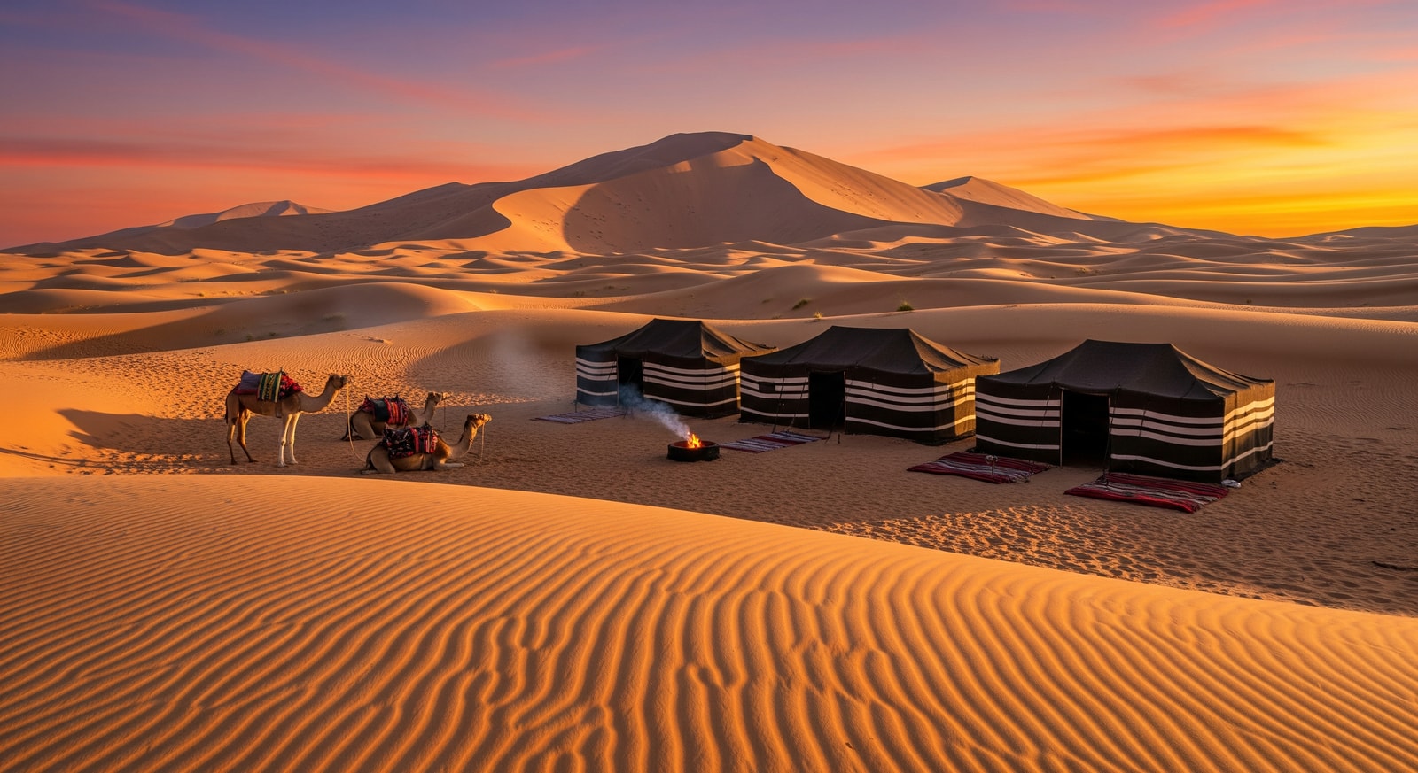 Golden sand dunes of Wahiba Sands desert with Bedouin camp tents at sunset