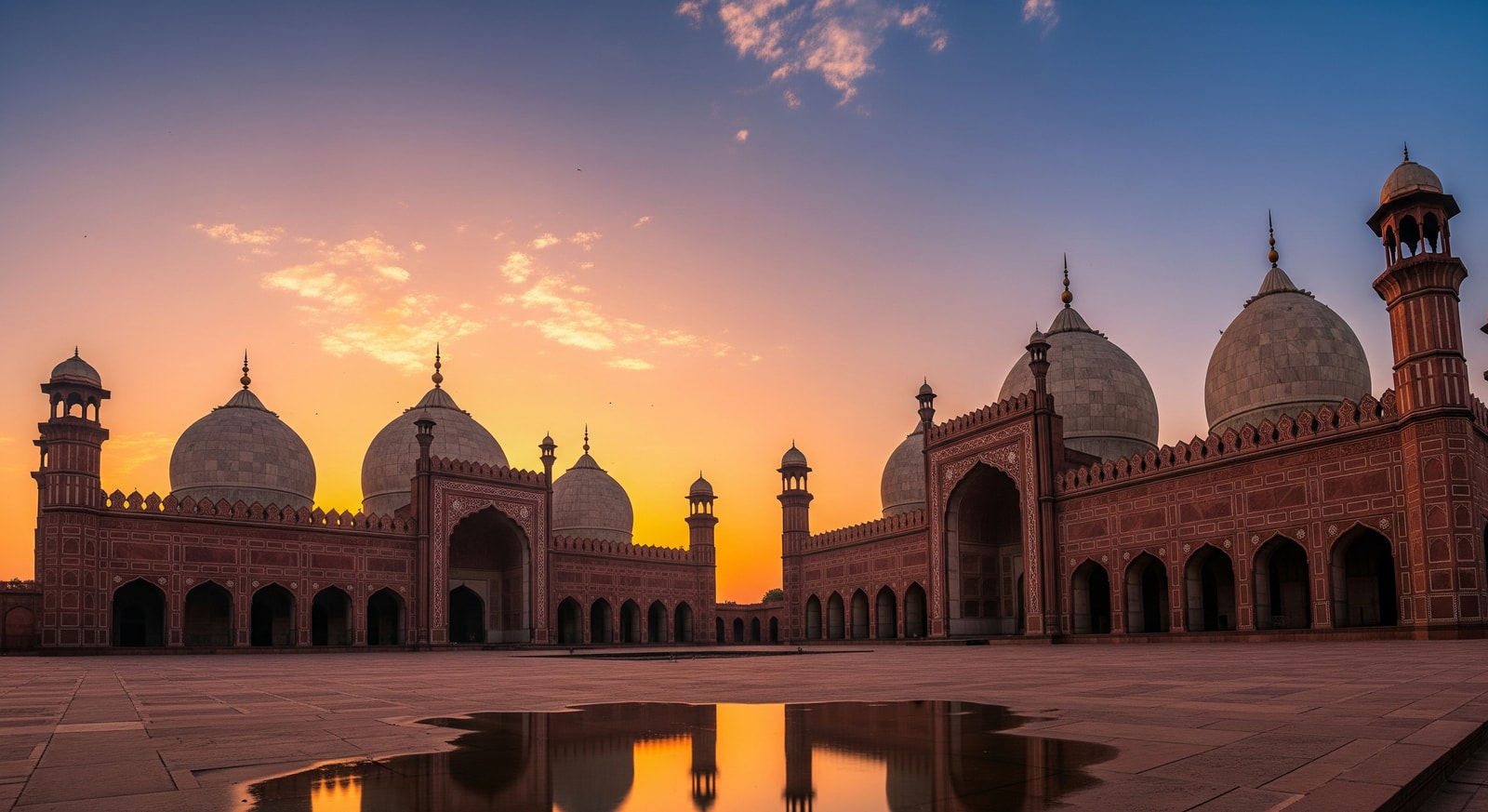 Magnificent Badshahi Mosque in Lahore at sunset with its iconic red sandstone walls and white marble domes