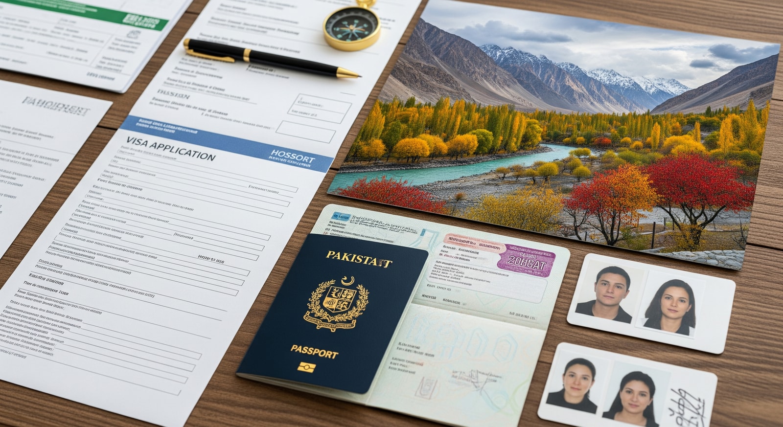 Organized travel documents including passport, visa application form, and photographs for Pakistan visa