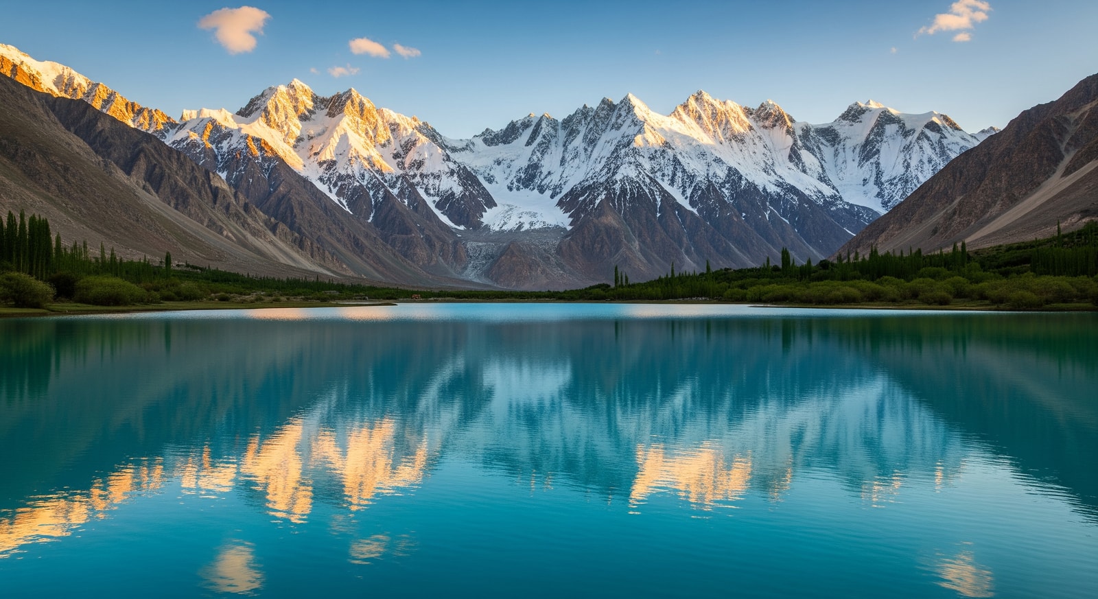 Breathtaking Hunza Valley with snow-capped Karakoram peaks reflected in the turquoise Attabad Lake