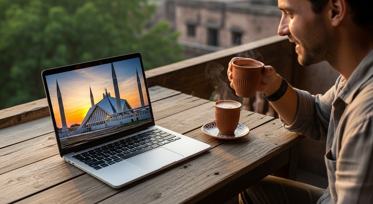 Traveler planning Pakistan trip with laptop showing Faisal Mosque while enjoying Pakistani chai