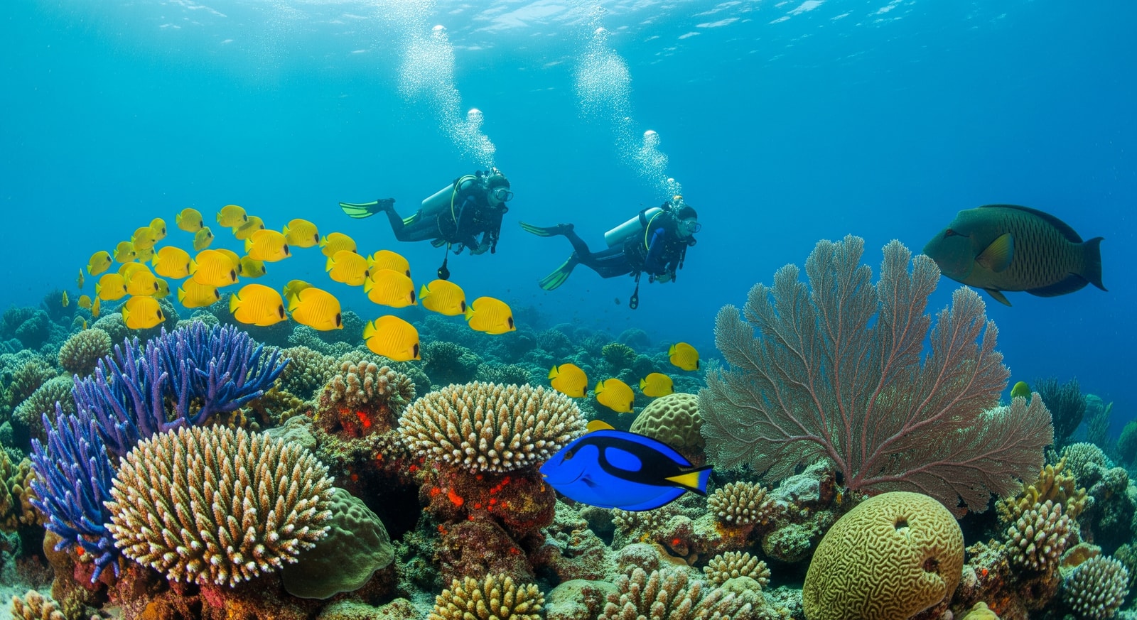 Scuba divers exploring vibrant coral reef with colorful tropical fish in Palau's Blue Corner dive site