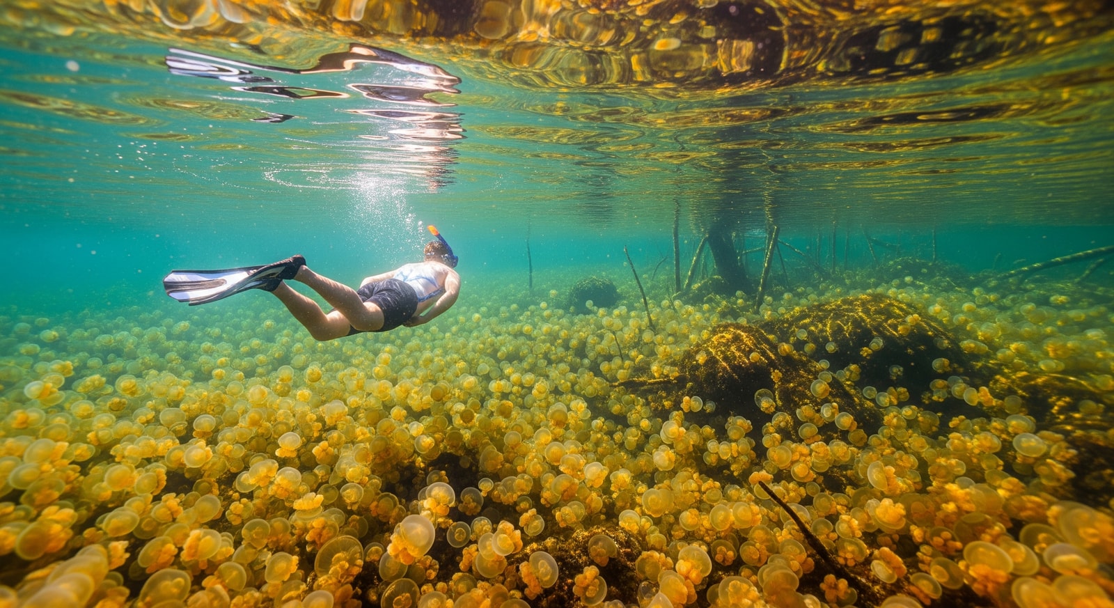 Snorkeler swimming among thousands of golden jellyfish in Palau's famous Jellyfish Lake