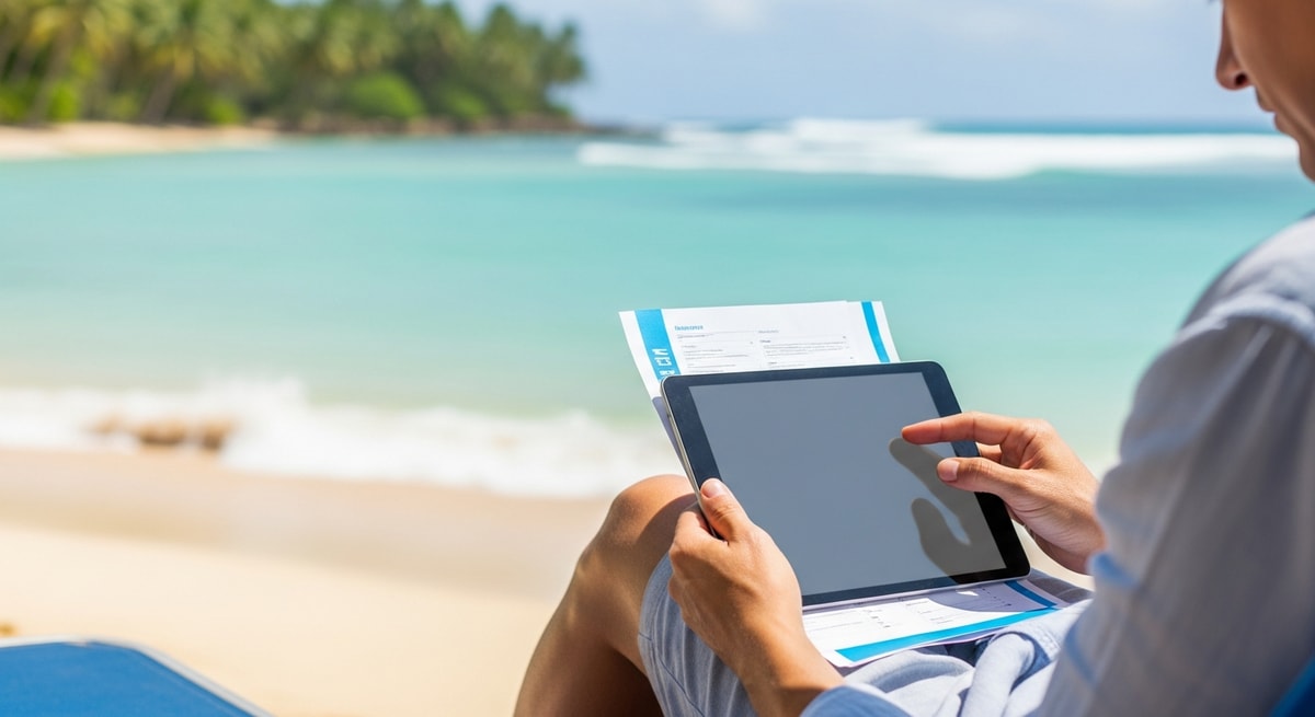 Traveler reviewing Palau travel documents on tablet with tropical ocean backdrop