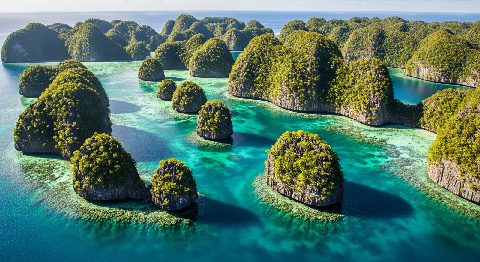 Stunning aerial view of Palau's famous Rock Islands with mushroom-shaped limestone formations in emerald waters