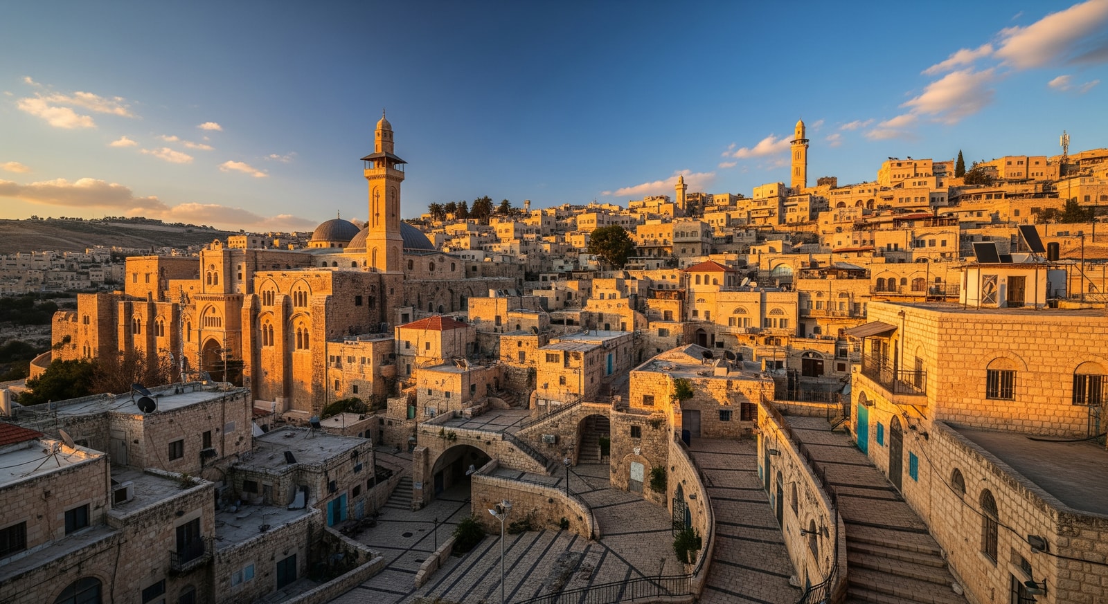 The historic old city of Hebron with the Ibrahimi Mosque and traditional stone architecture