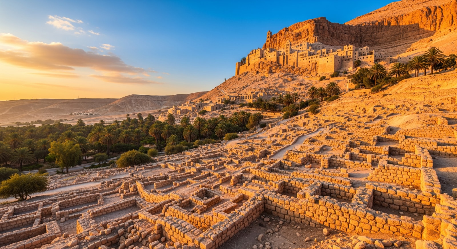 Ancient ruins of Jericho with the Mount of Temptation monastery visible on the cliffside