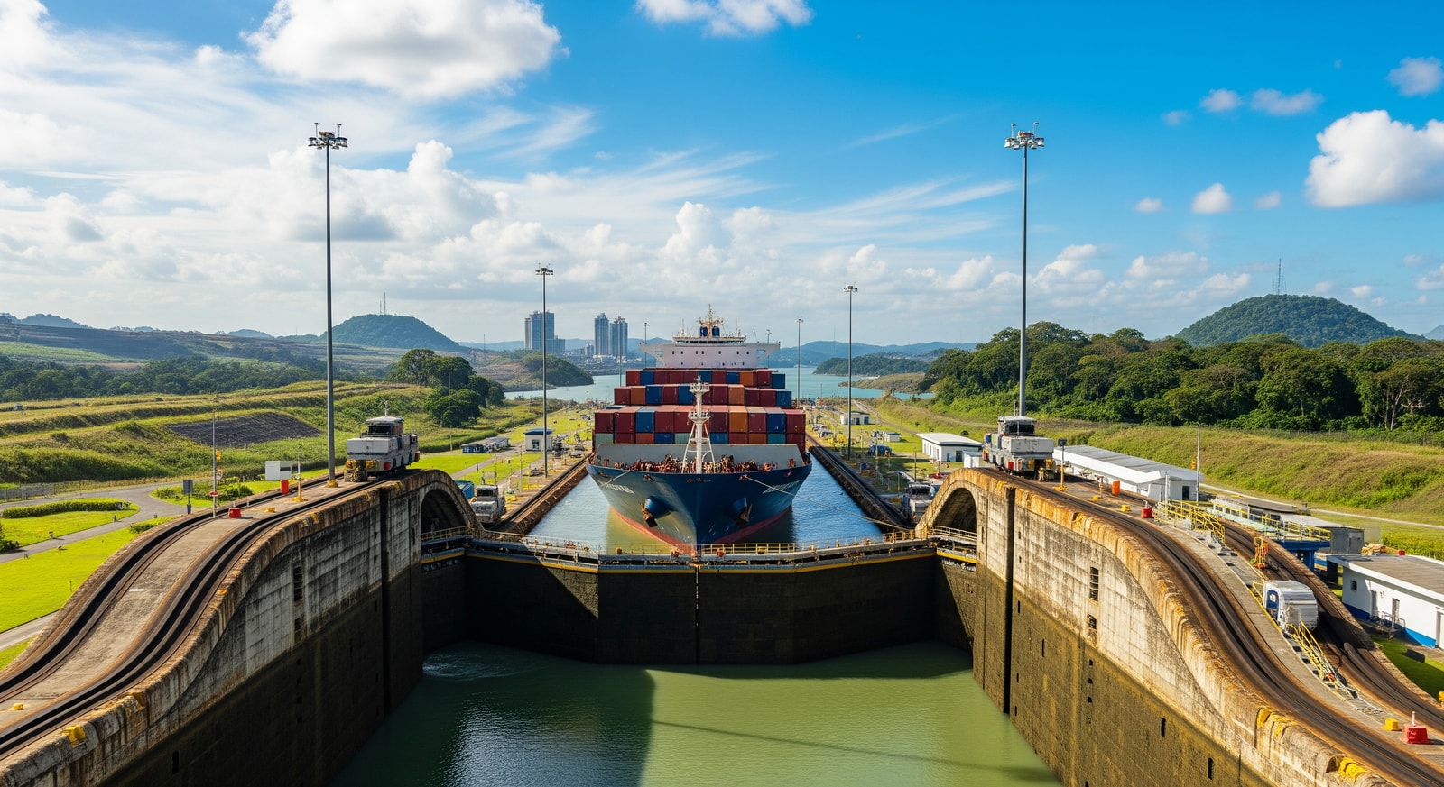 Panama Canal with large cargo ship passing through Miraflores Locks