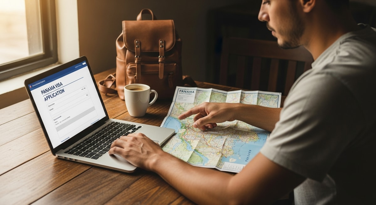Traveler using laptop to apply for Panama visa while planning trip to the Panama Canal