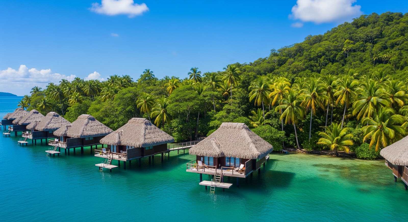 Bocas del Toro archipelago with overwater bungalows and tropical rainforest