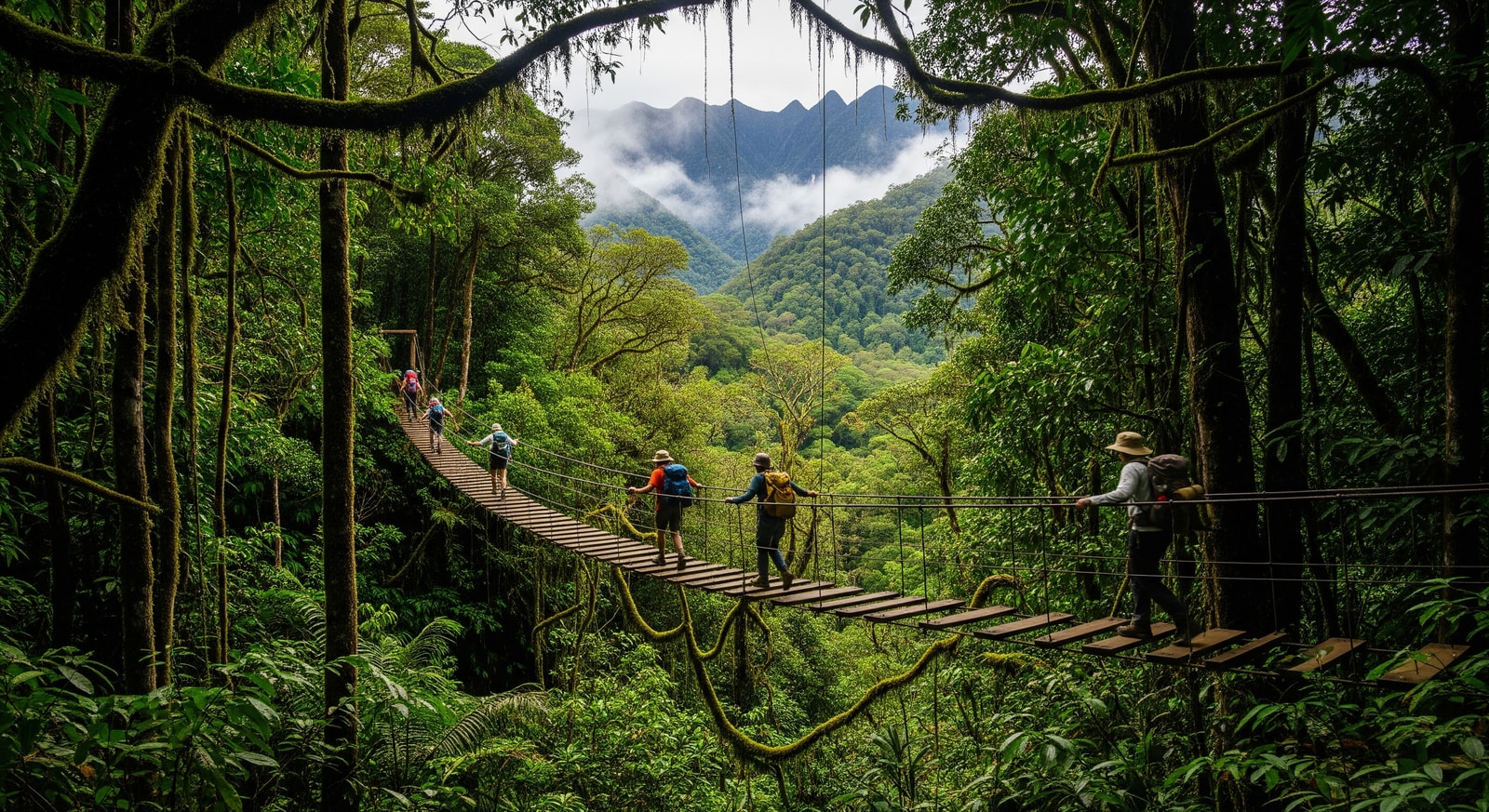 Trekkers crossing a suspension bridge on the Kokoda Track through dense rainforest with misty mountains