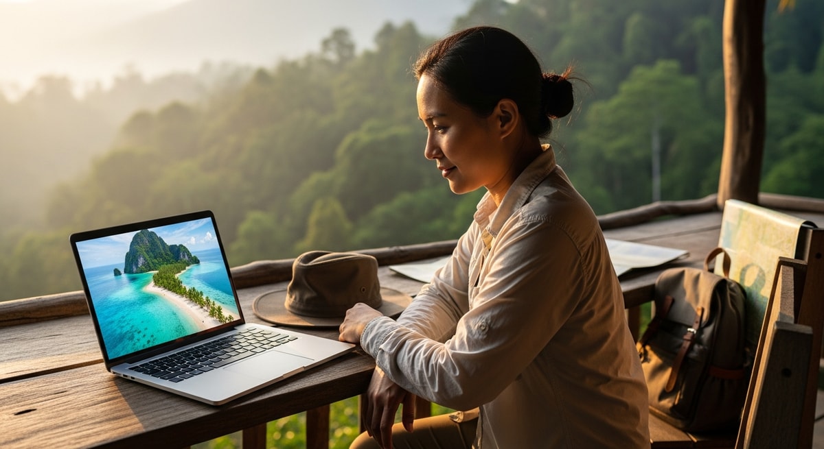 Adventurous traveler planning Papua New Guinea expedition with laptop showing tropical island imagery