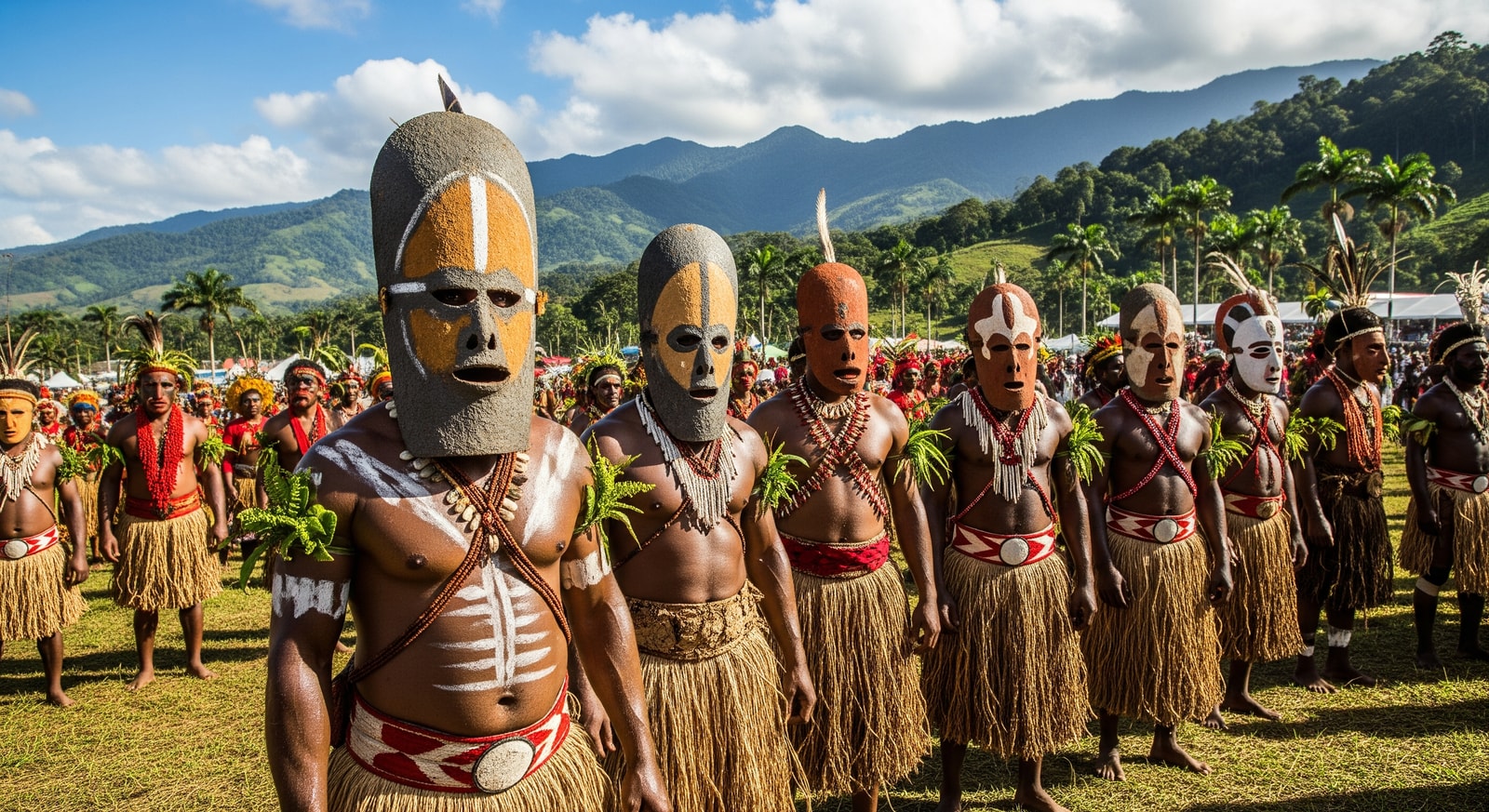 Colorful Asaro Mudmen performers wearing distinctive clay masks and traditional dress at Goroka Show highlands festival