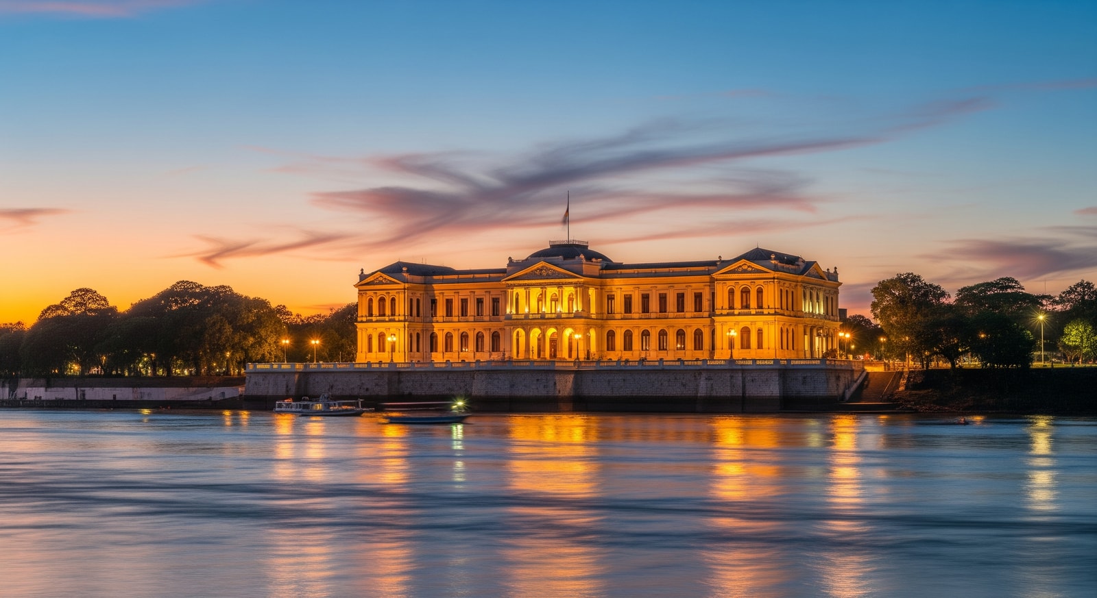 The historic Palacio de los Lopez government palace in Asuncion overlooking the Paraguay River at dusk