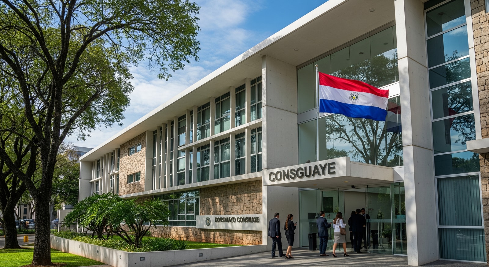 Modern Paraguayan consulate building exterior with national flag and people entering for appointments