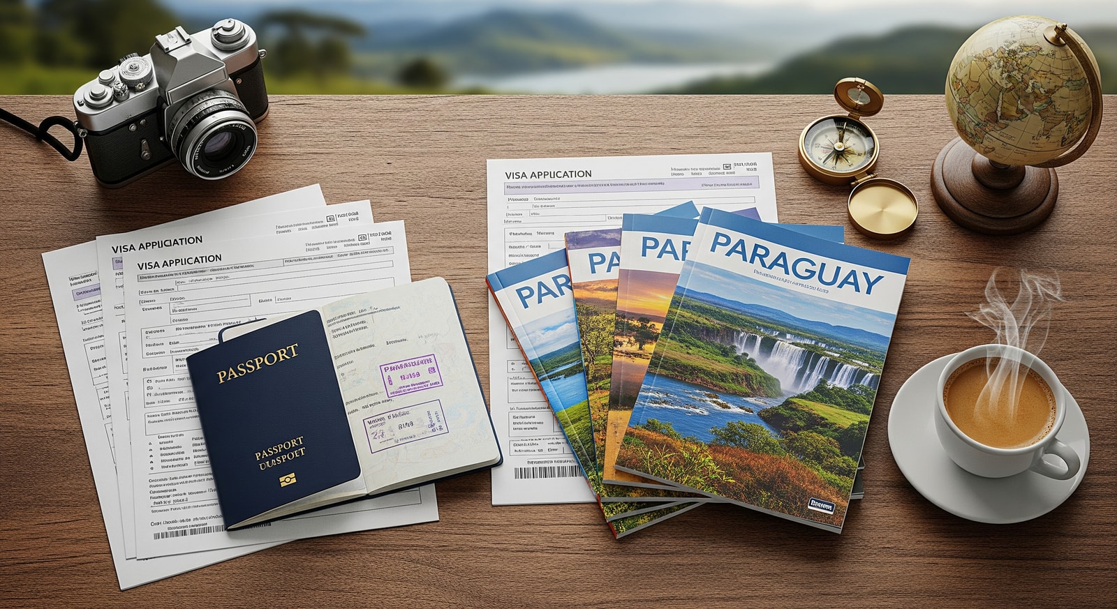 Organized travel documents including passport, visa forms, and Paraguay travel guides on a wooden desk