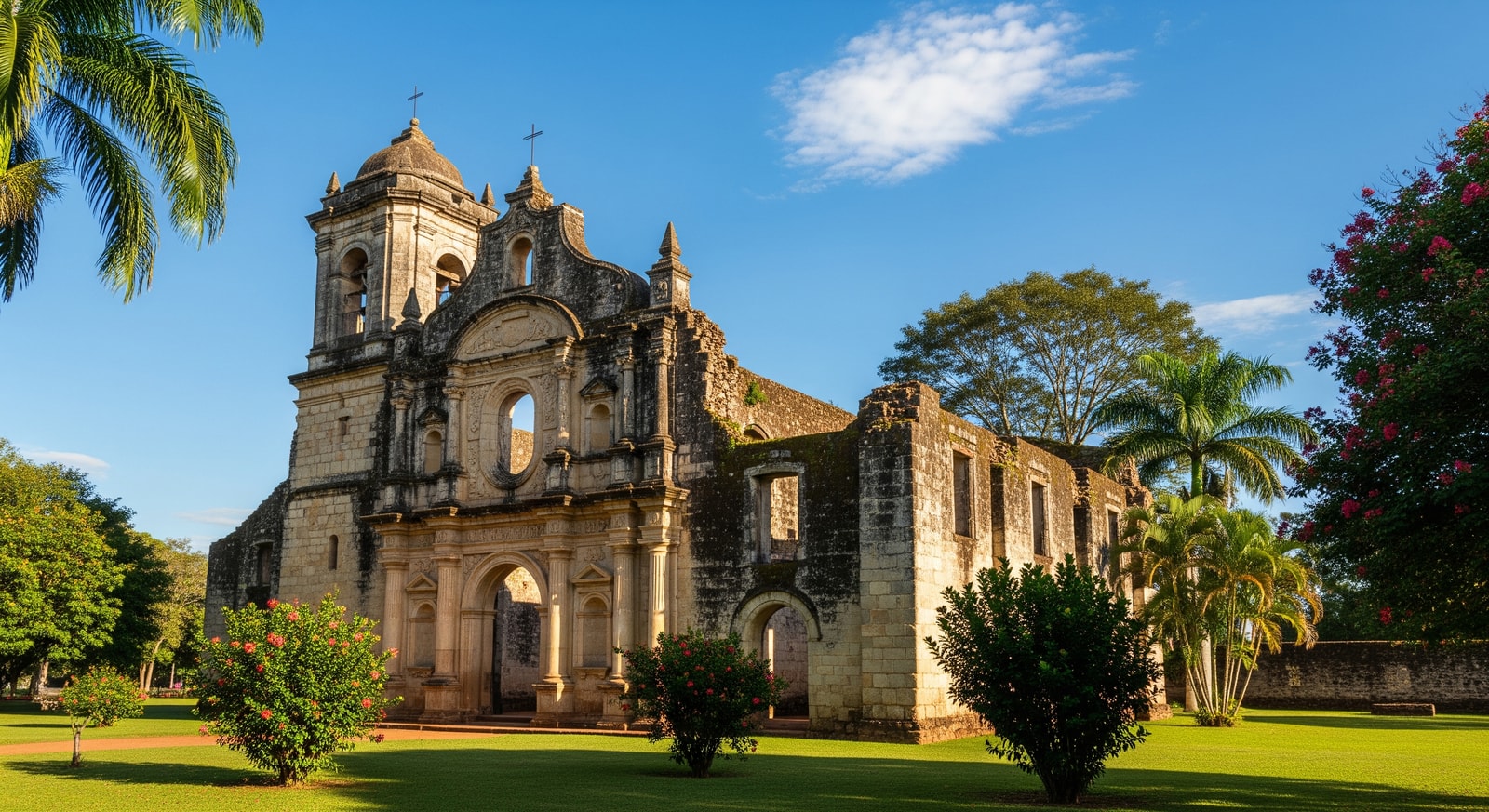 Historic Jesuit mission ruins of Trinidad surrounded by green gardens under blue sky