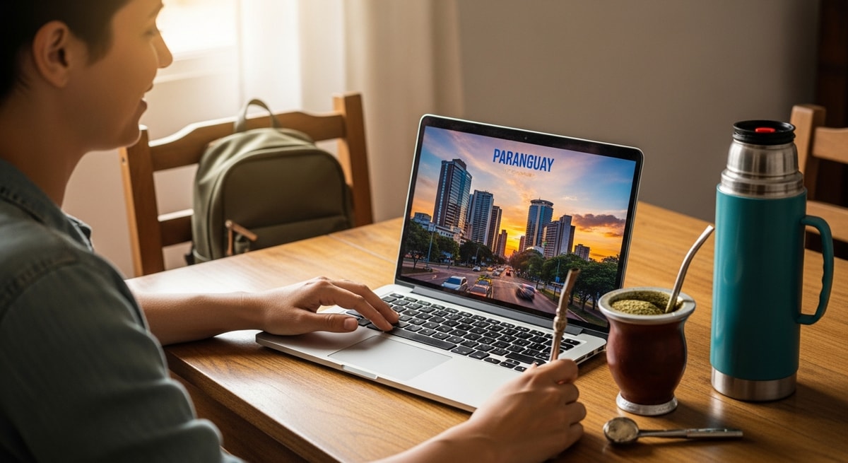 Traveler planning Paraguay trip with laptop showing Asuncion skyline and traditional terere drink