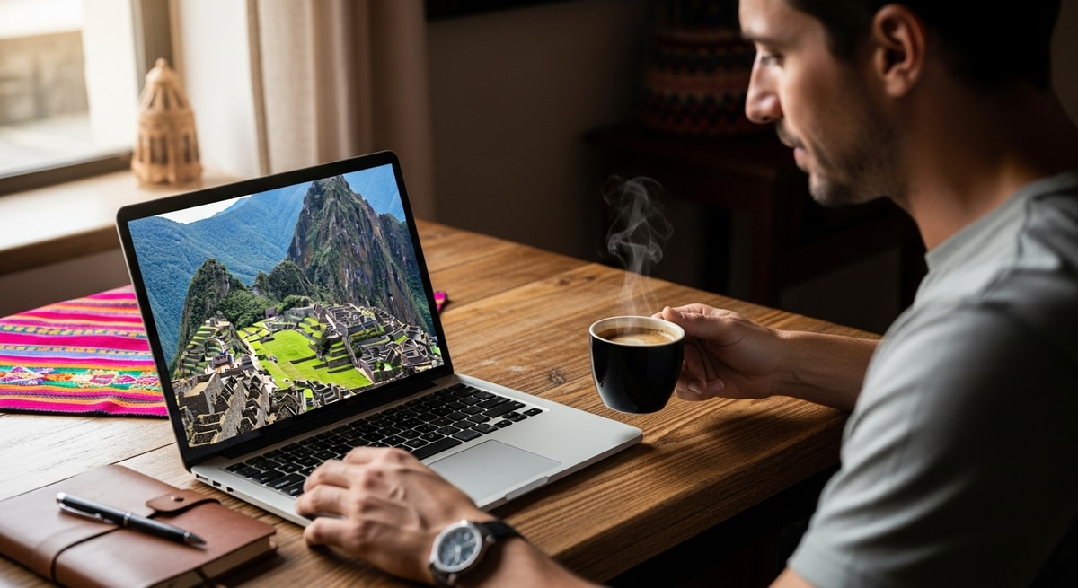 Traveler planning Peru trip with laptop showing Machu Picchu while enjoying Peruvian coffee