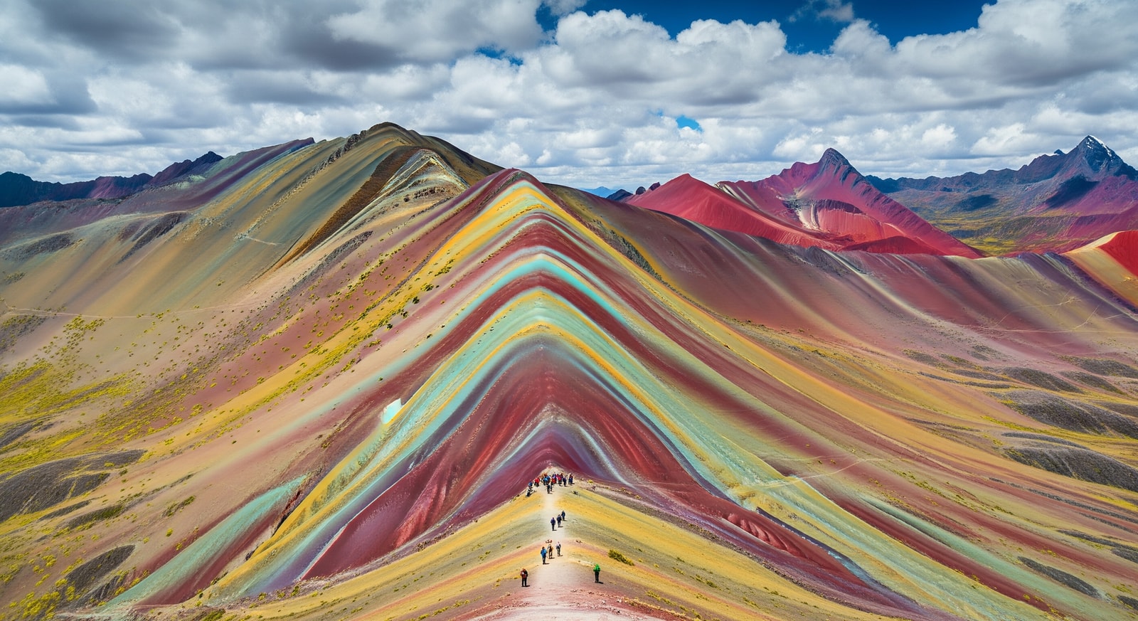 Stunning view of Vinicunca Rainbow Mountain with colorful mineral striations and Andean landscapes