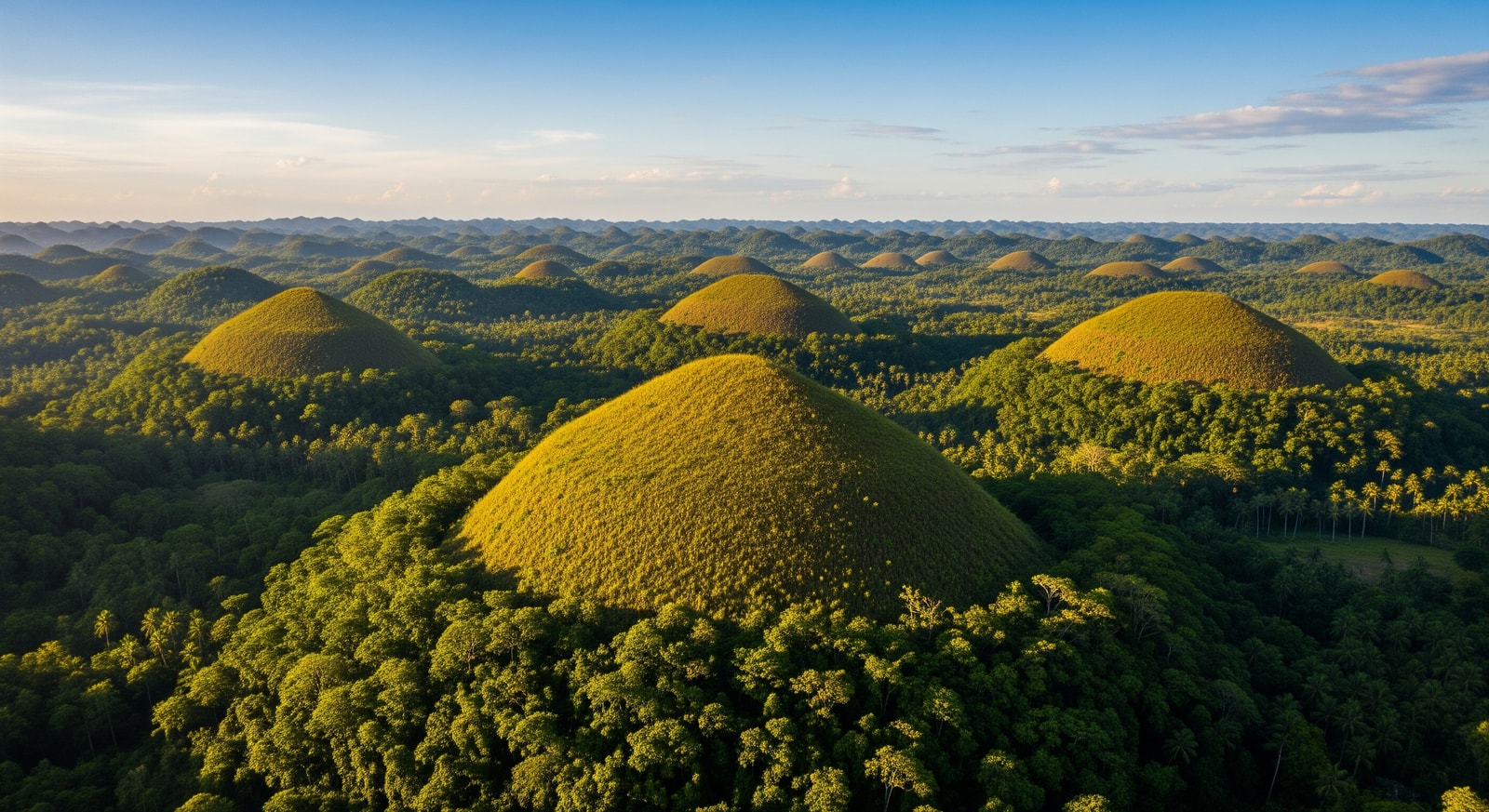 Aerial view of Chocolate Hills in Bohol with perfectly cone-shaped green hills stretching to the horizon