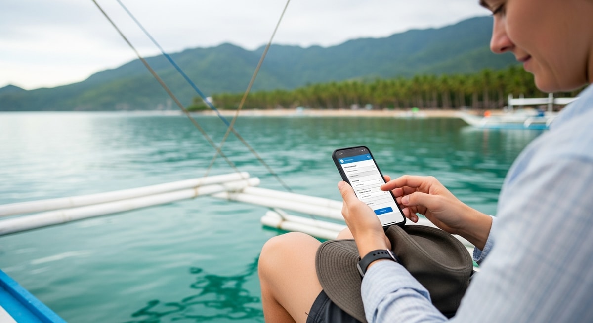 Traveler on a traditional Filipino banca boat completing visa application on smartphone