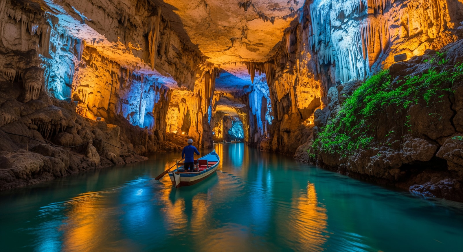 Underground River in Puerto Princesa Palawan with limestone formations illuminated inside the cave