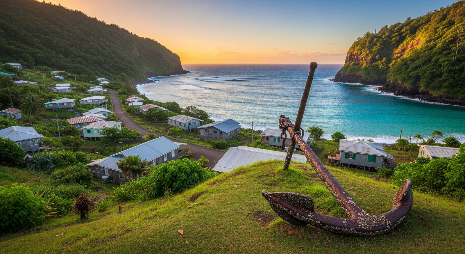 Adamstown settlement on Pitcairn Island showing traditional houses and the historic Bounty anchor