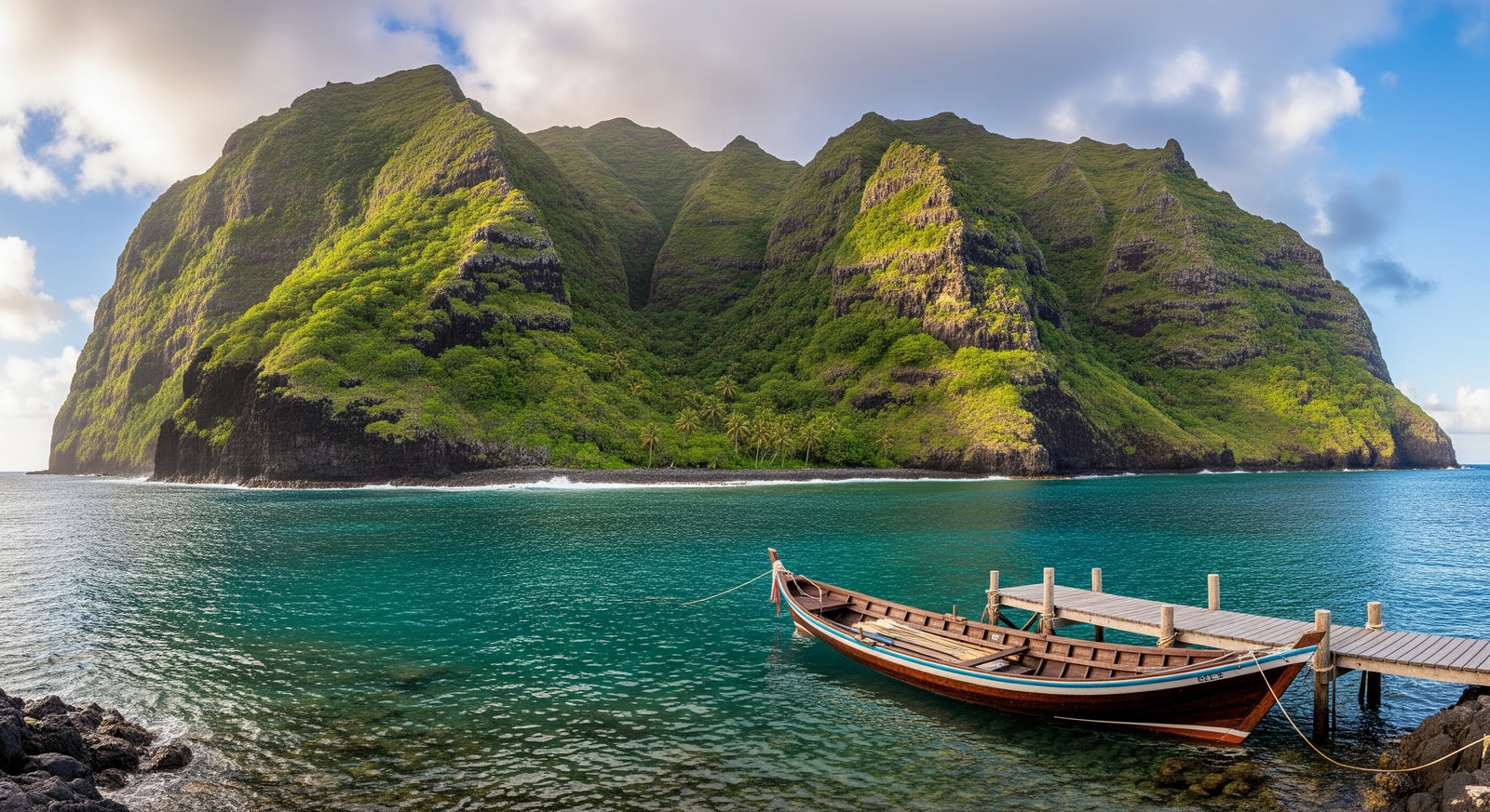 Bounty Bay harbor on Pitcairn Island with traditional longboat and dramatic cliff backdrop