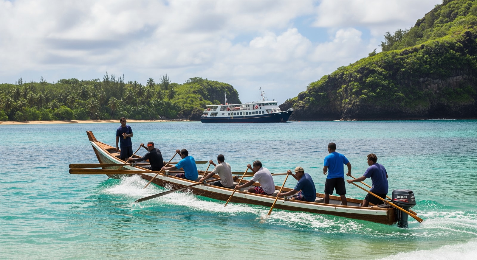 Pitcairn Islanders rowing traditional longboat through surf at Bounty Bay for passenger transfer