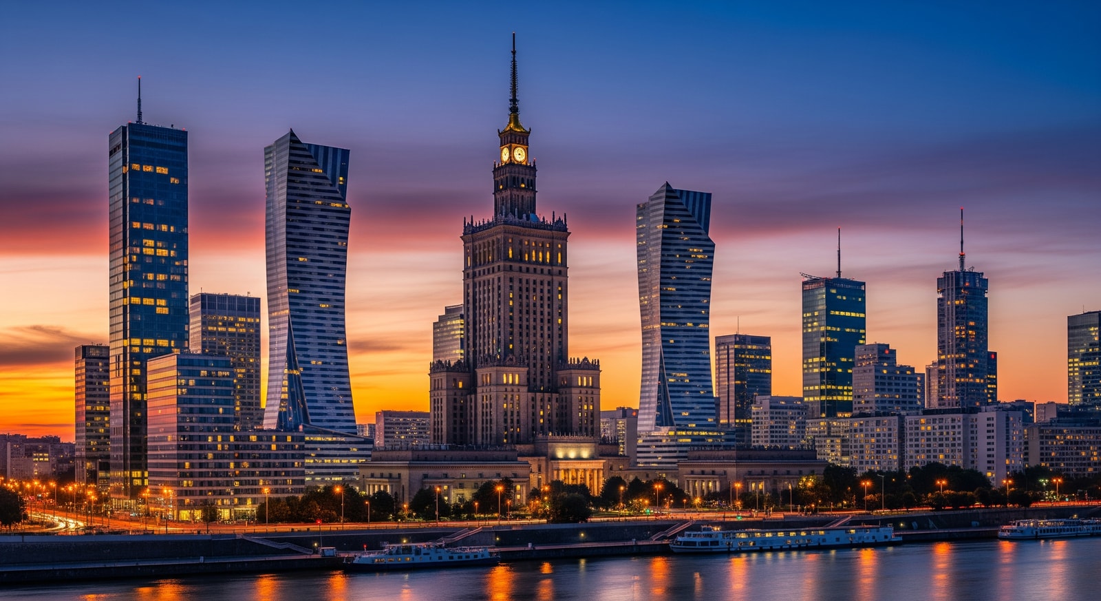 Modern Warsaw business district skyline with glass skyscrapers and the Palace of Culture at dusk