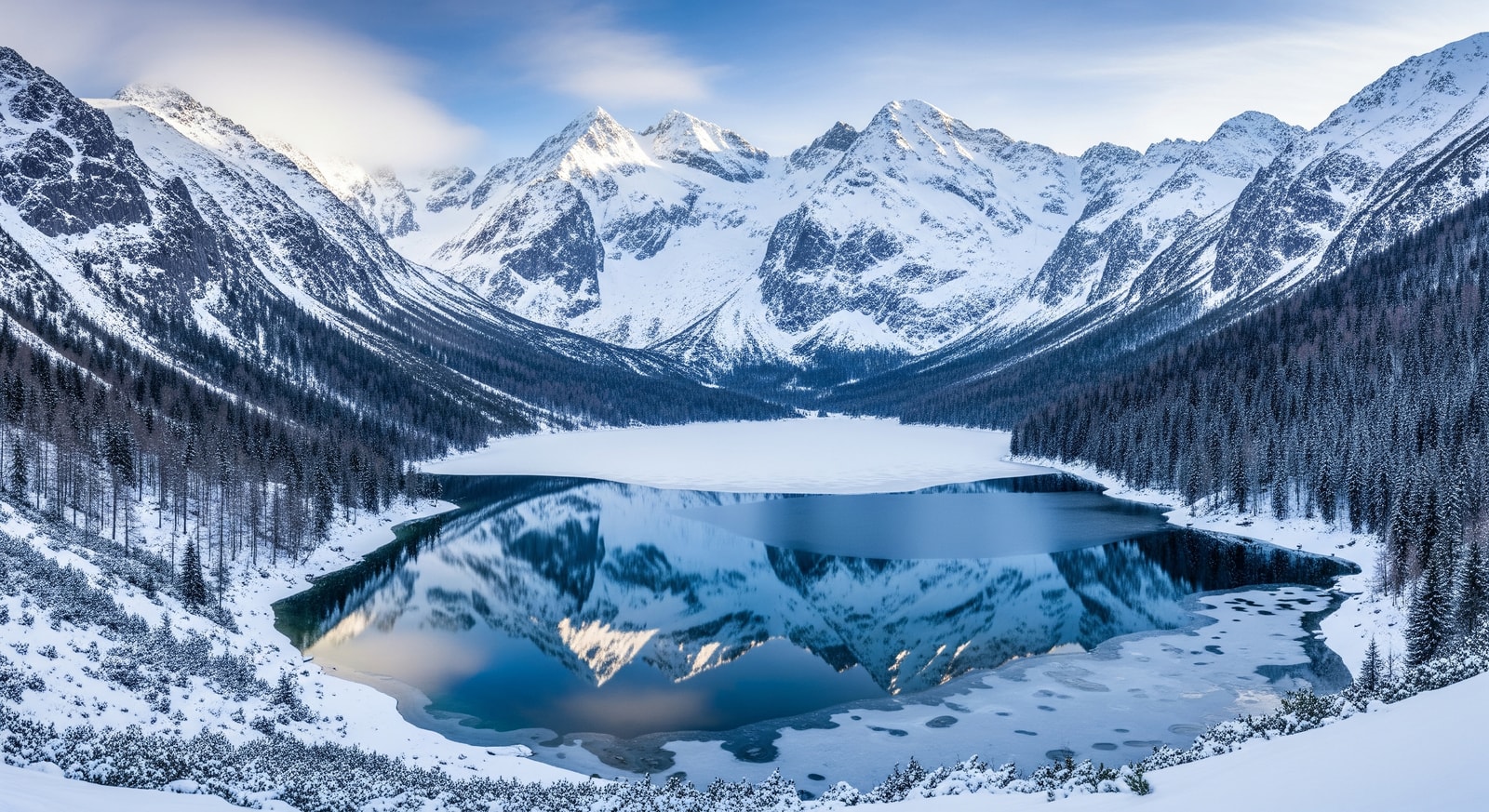 Morskie Oko lake in the Tatra Mountains surrounded by snow-capped peaks and pine forests