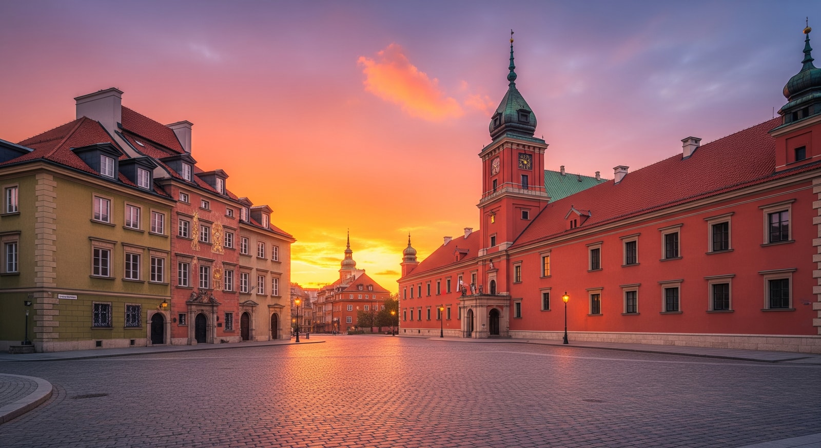 Warsaw Old Town with colorful baroque buildings and the Royal Castle at sunset reflecting on cobblestone streets