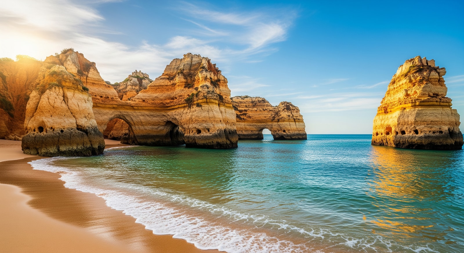 Dramatic golden cliffs and turquoise waters at Praia da Marinha beach in the Algarve
