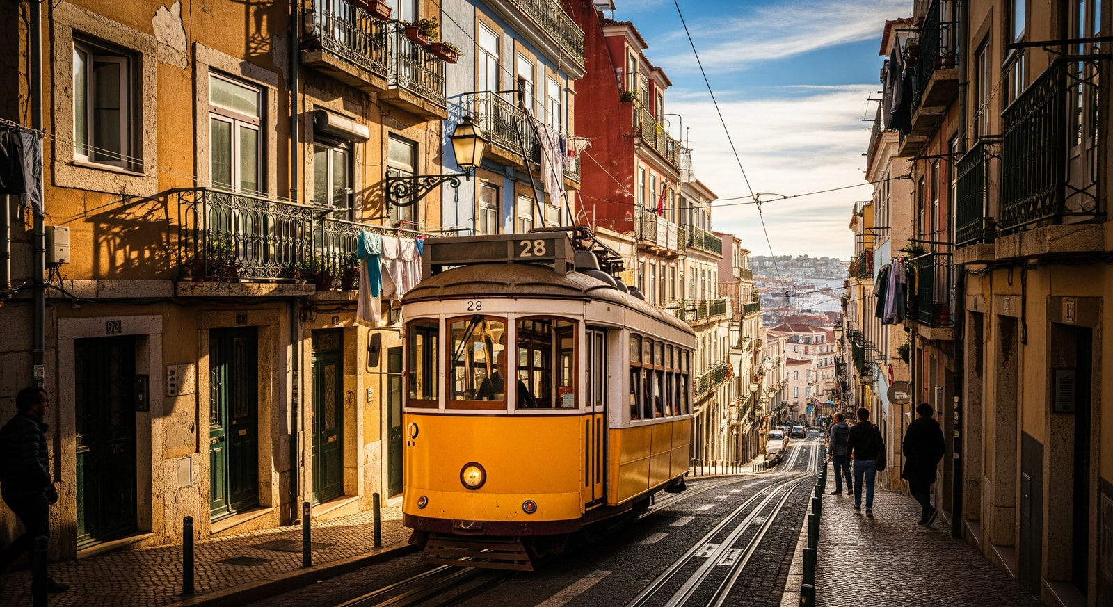 Historic yellow tram 28 climbing through the narrow streets of Lisbon's Alfama neighborhood