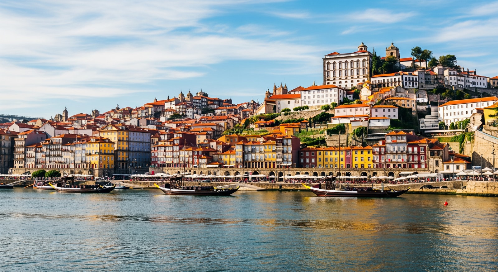 Colorful traditional buildings along the Douro River in Porto with traditional rabelo boats