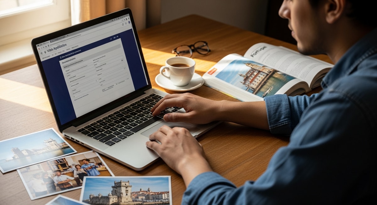 Traveler using laptop to apply for Portugal visa while planning trip with guidebook and photos of Lisbon