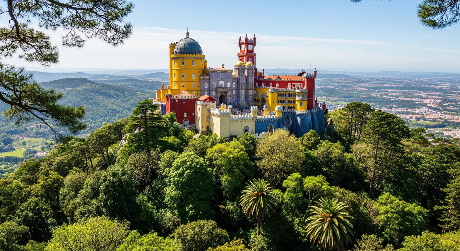 The colorful Pena Palace perched on a hilltop in Sintra surrounded by lush forest