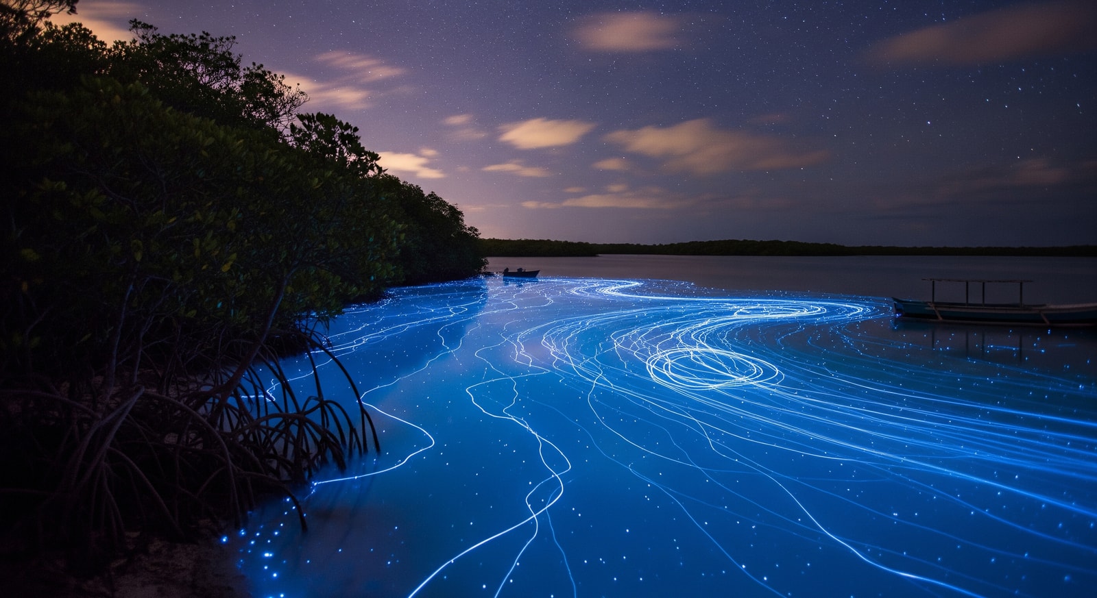Magical blue glow of bioluminescent dinoflagellates illuminating the water in Mosquito Bay at night