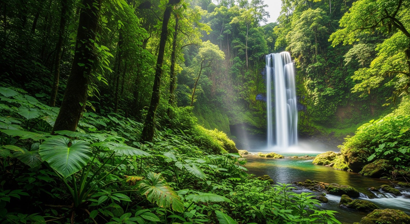 Lush tropical vegetation and cascading waterfall in El Yunque National Rainforest