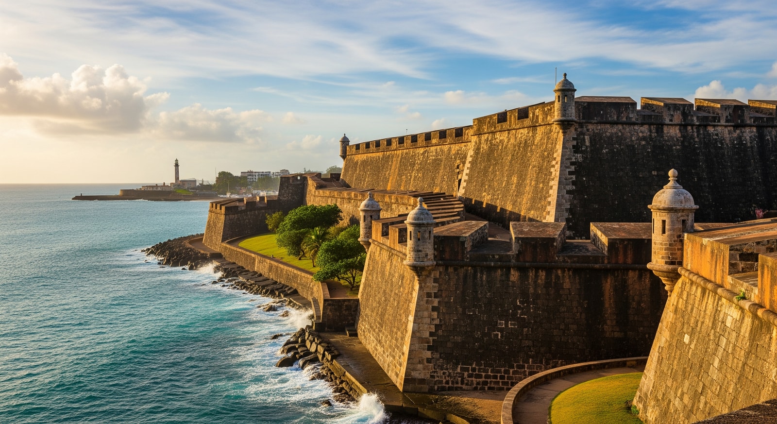 Historic fortification walls of El Morro castle overlooking the blue Caribbean Sea in Old San Juan