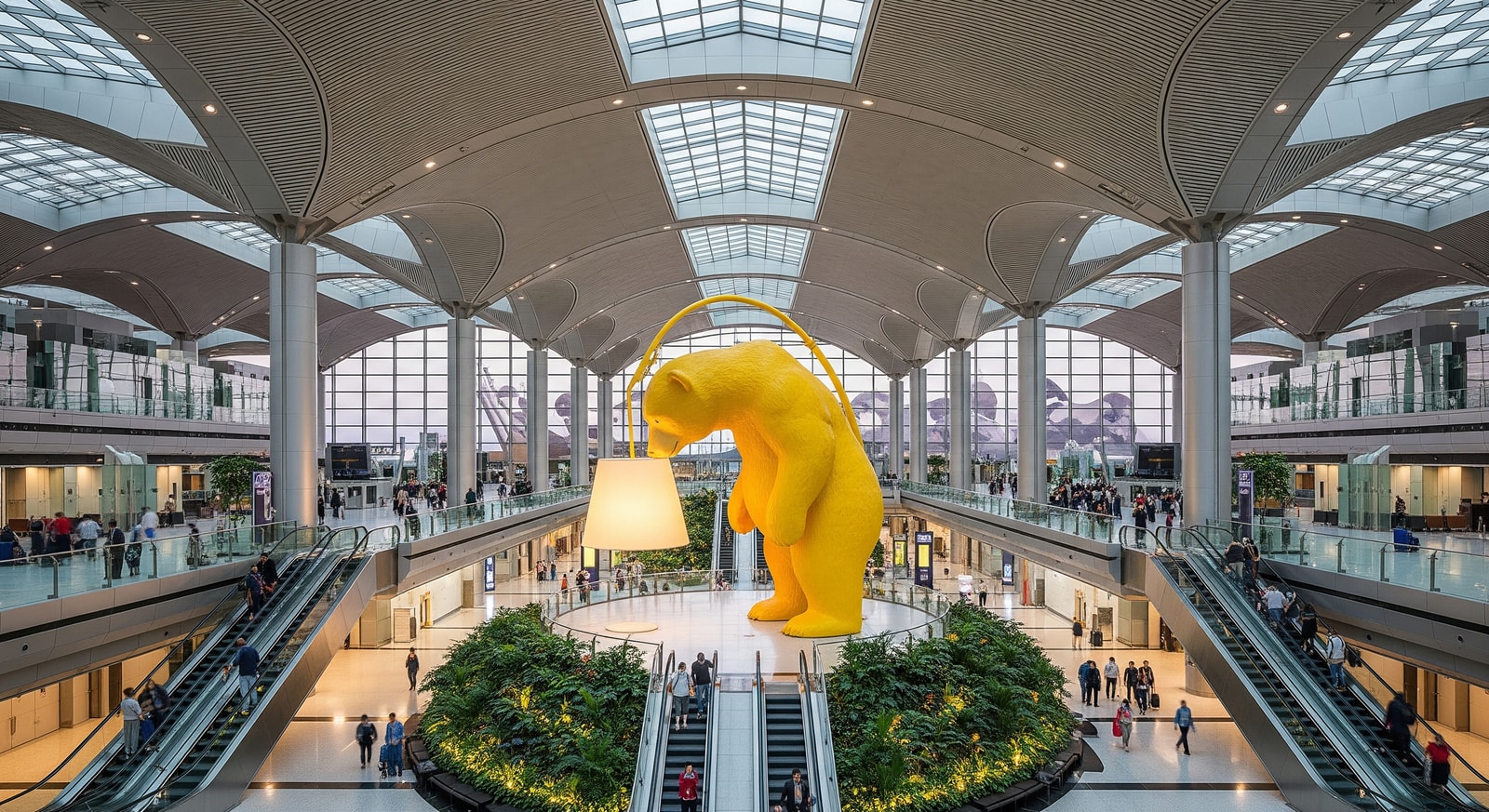 The spectacular Hamad International Airport interior featuring The Lamp Bear sculpture and modern architecture