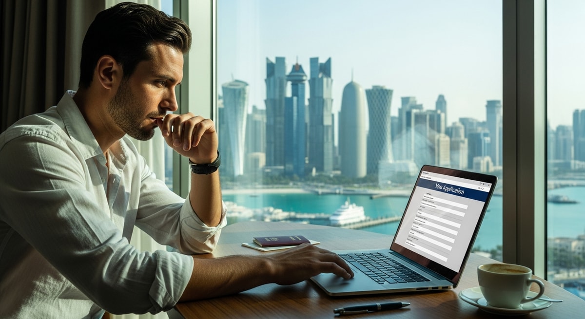 Traveler applying for Qatar visa on laptop with Doha cityscape visible through window