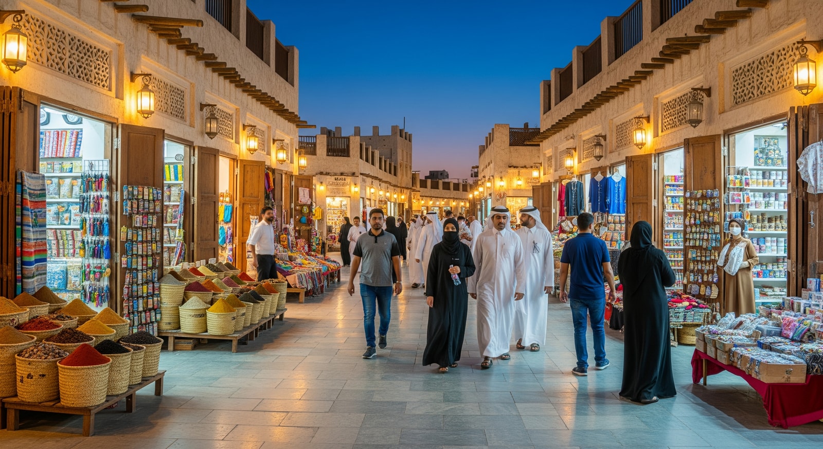 Traditional Souq Waqif marketplace in Doha at evening with restored heritage architecture and local shops