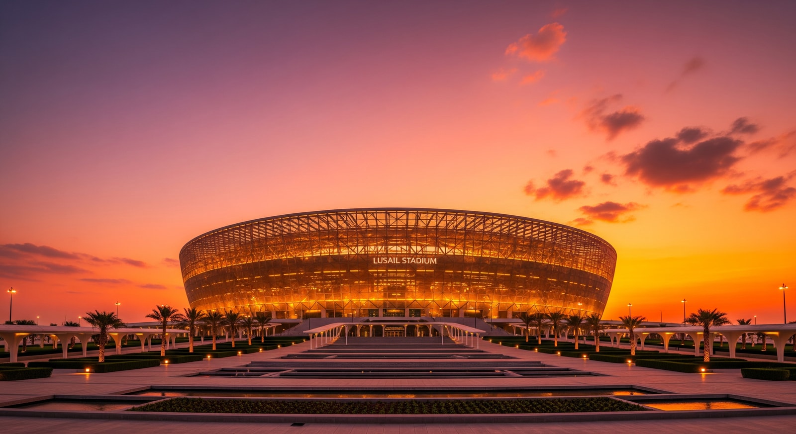 Lusail Stadium exterior at sunset showcasing the golden bowl design that hosted the 2022 FIFA World Cup Final