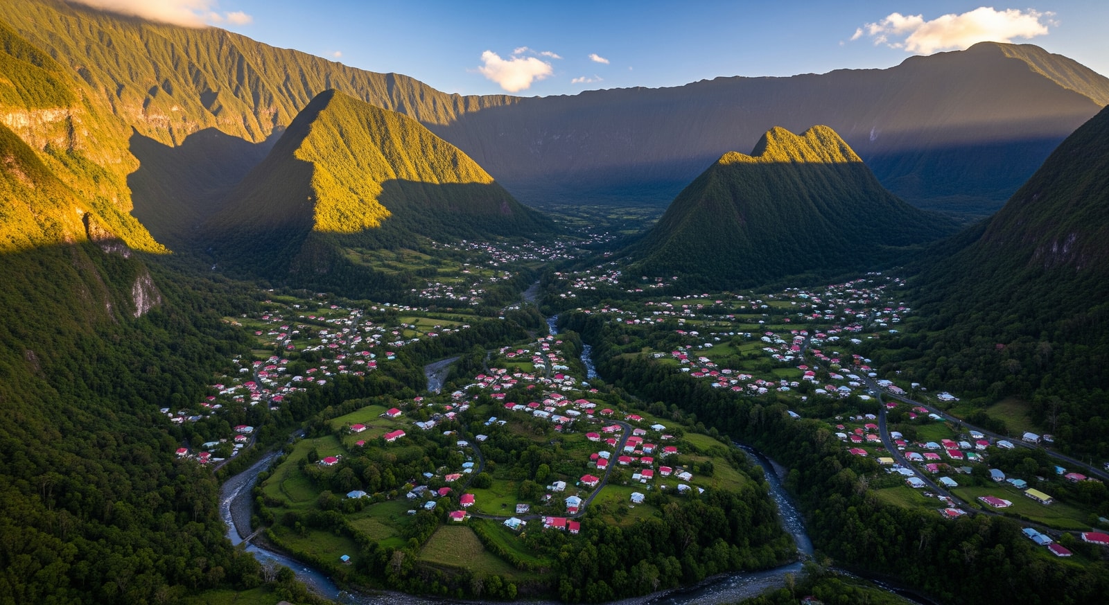 Aerial view of Cirque de Mafate with dramatic mountain peaks and traditional villages in Réunion