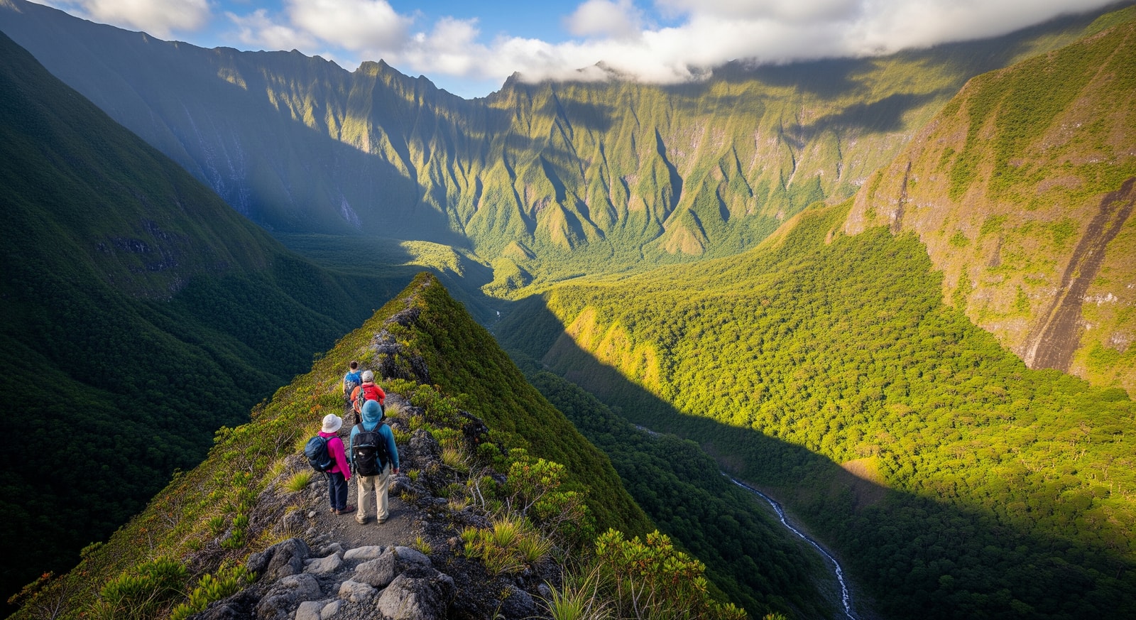 Hikers on the GR R2 trail overlooking the dramatic Cirque de Cilaos surrounded by towering peaks