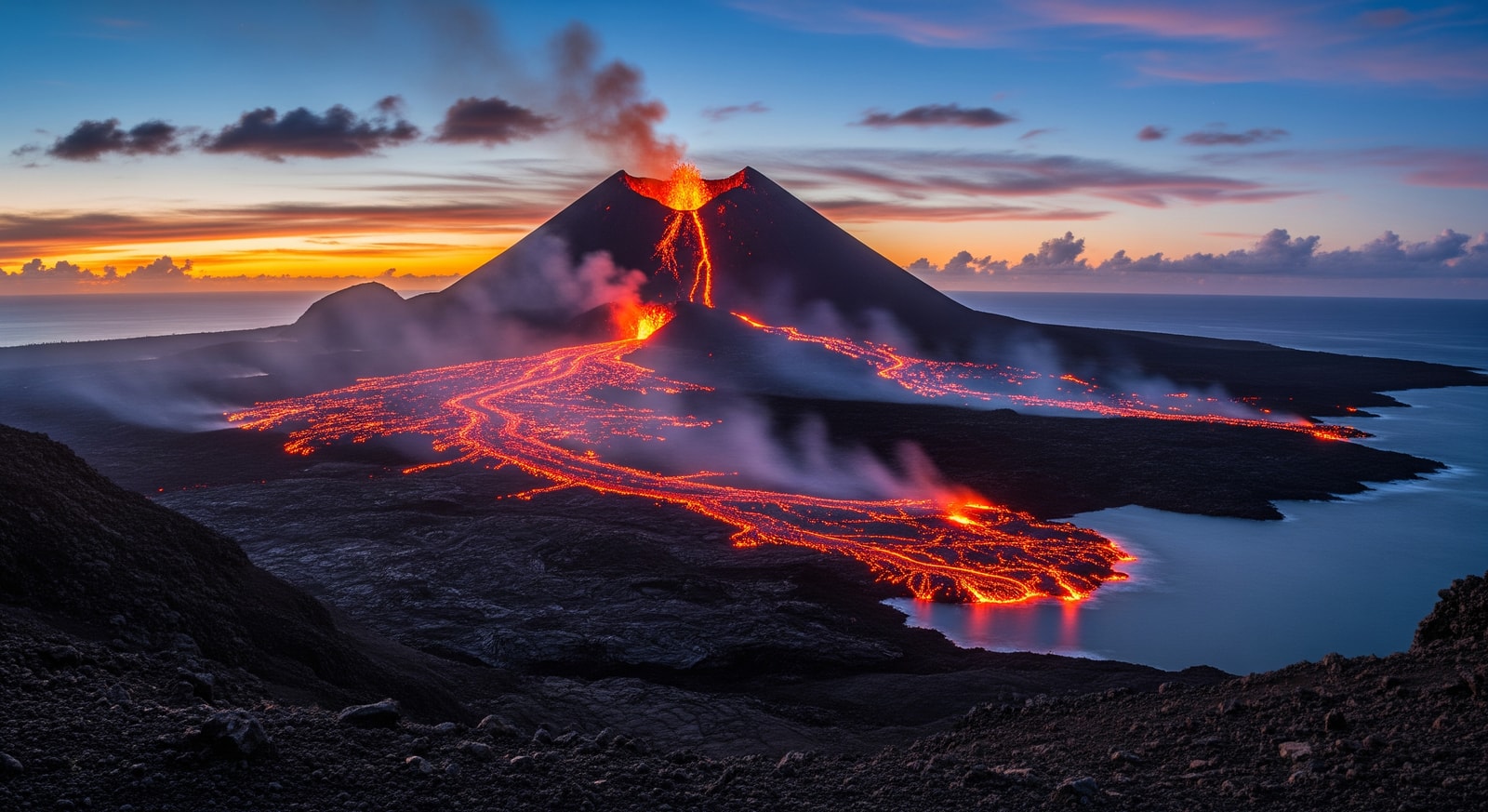 Piton de la Fournaise active volcano crater with lava fields stretching to the ocean in Réunion